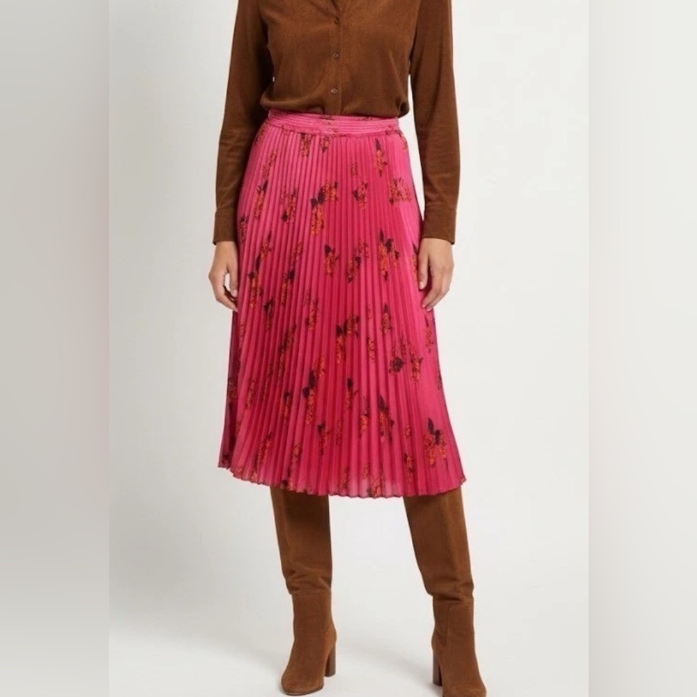 BANANA REPUBLIC Hot Pink Floral Summer Preppy Satin Pleated Midi Skirt Size‎ XS